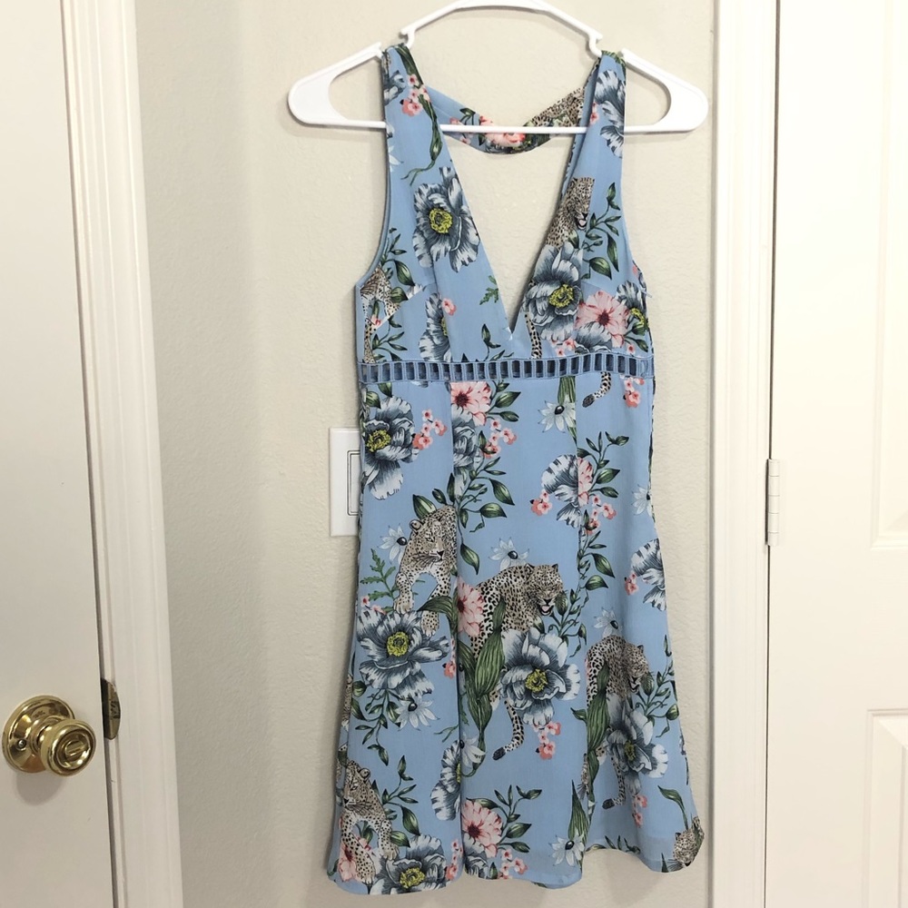 H&M floral & animal light blue fit and flare dress